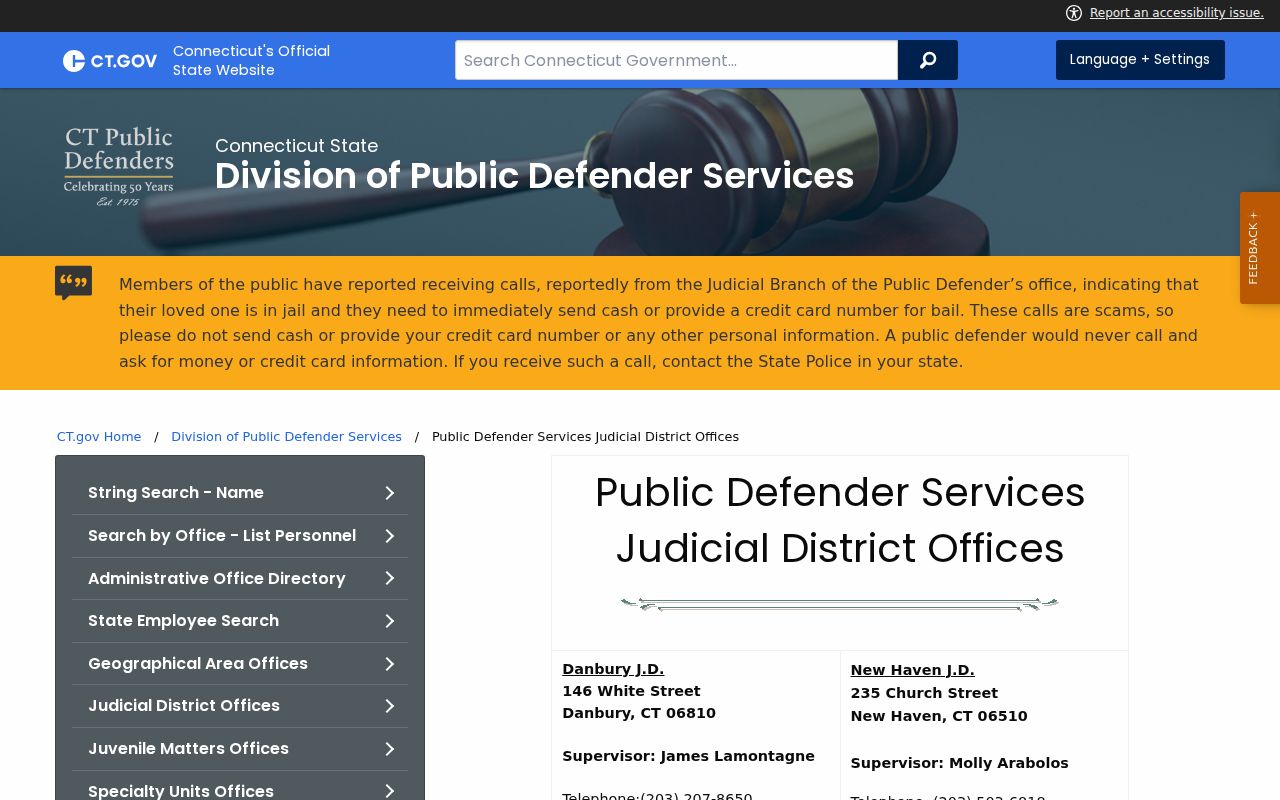 Hartford County Clerk of the Superior Court public defender services office listing
