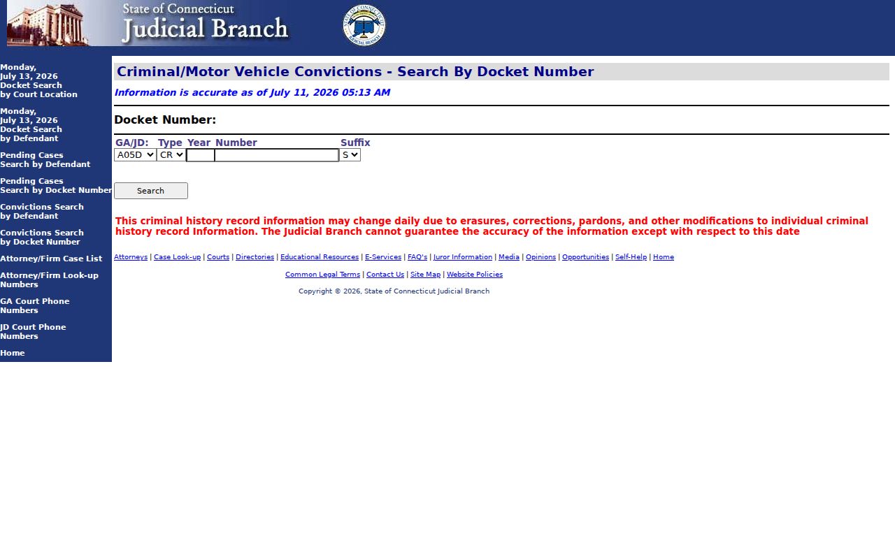 Hartford County court dockets conviction docket number search