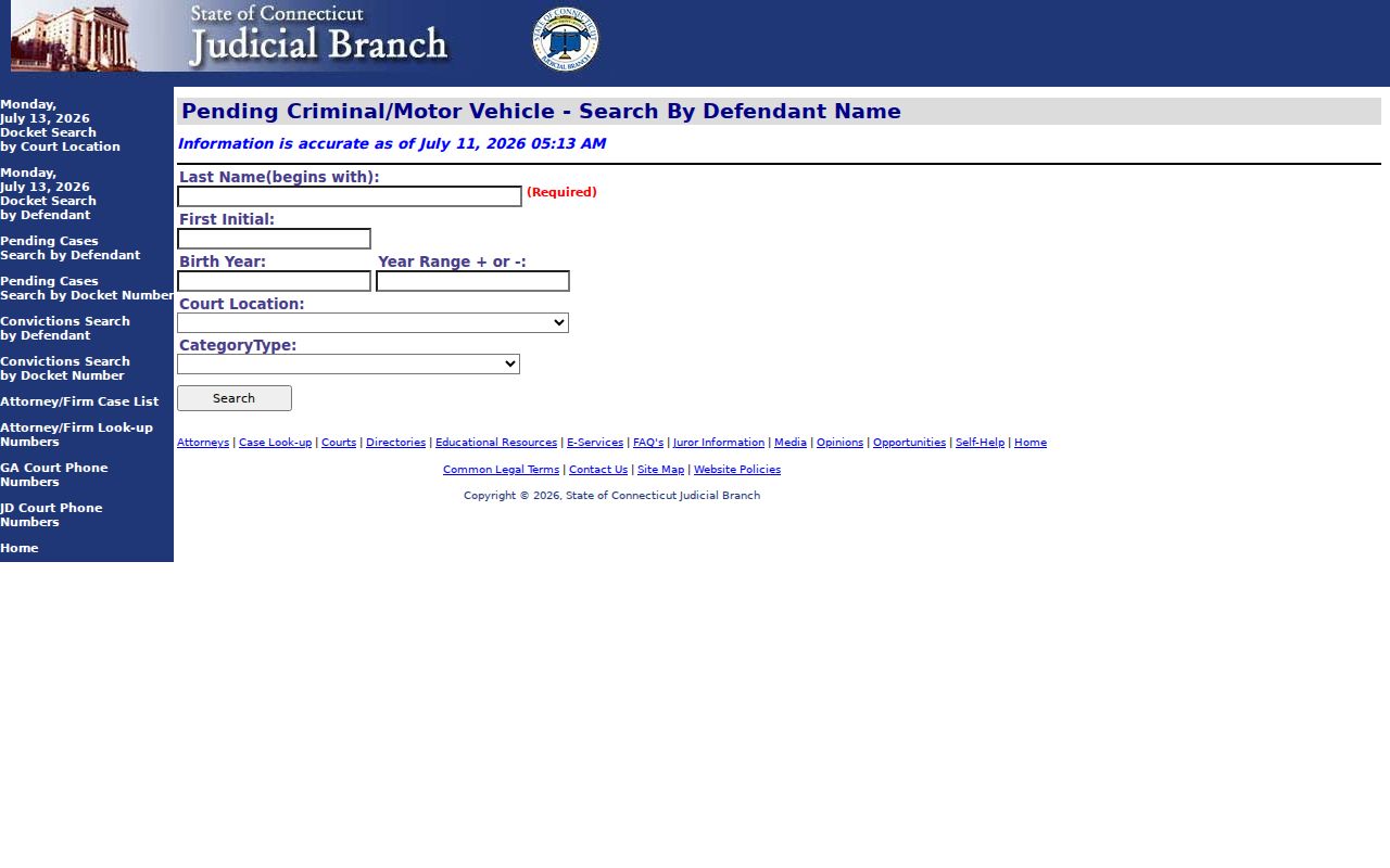 Hartford County court dockets pending criminal defendant search