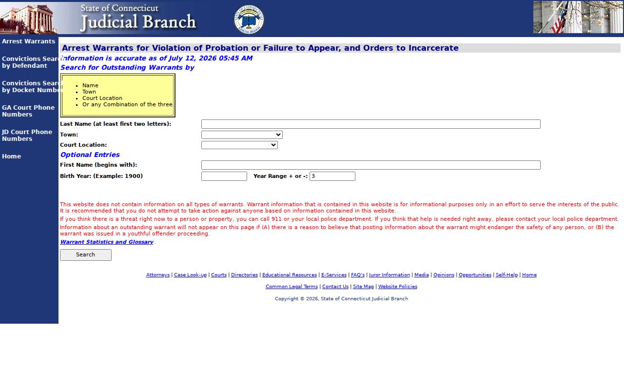 Hartford County criminal court records Judicial Branch warrant search
