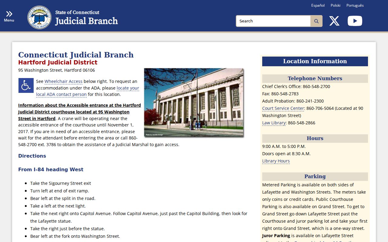 Hartford County court records Hartford Judicial District courthouse directions