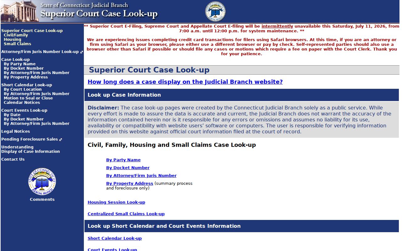 Hartford County court records Superior Court Civil Inquiry menu
