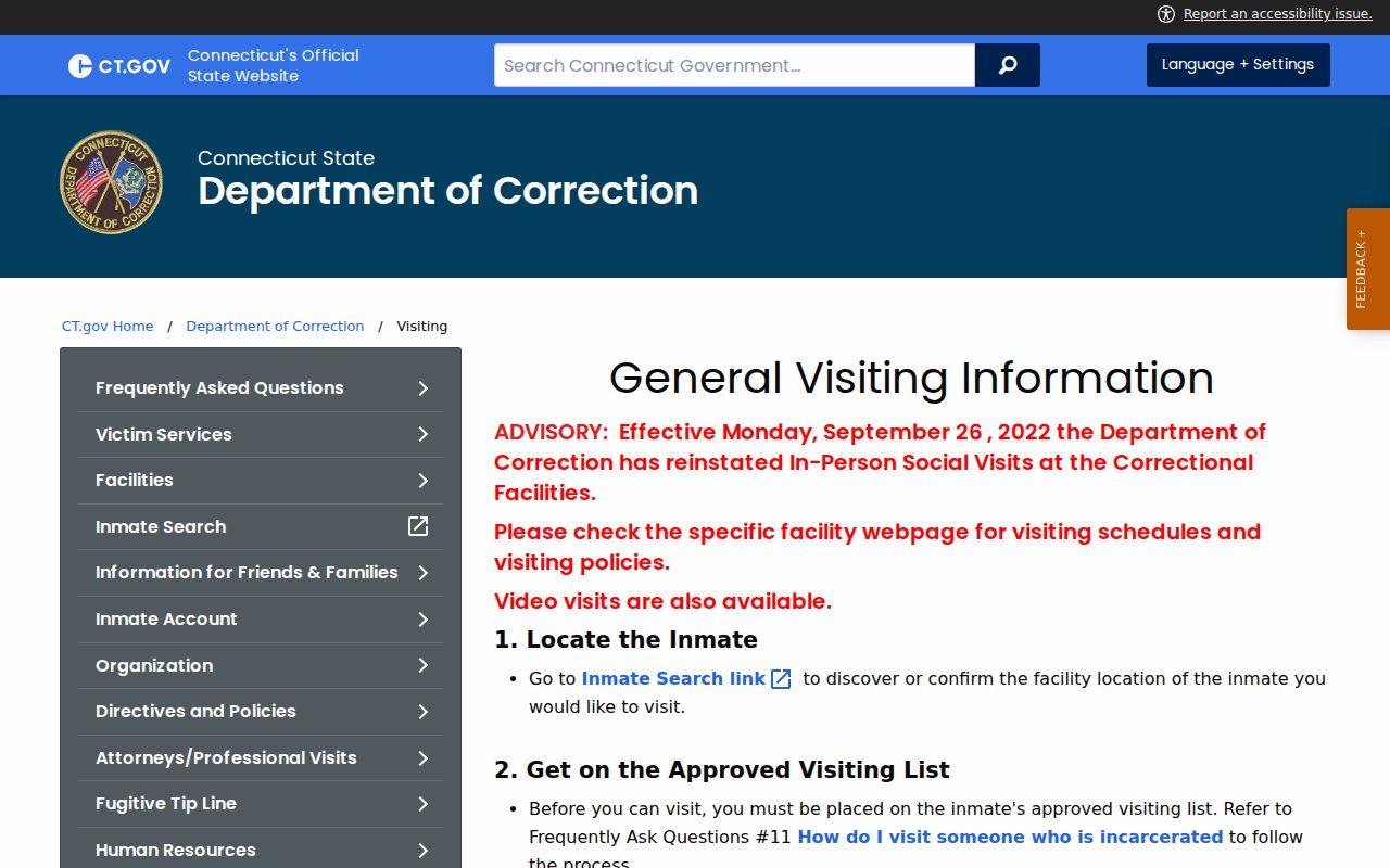 Hartford County inmate records DOC visiting instructions