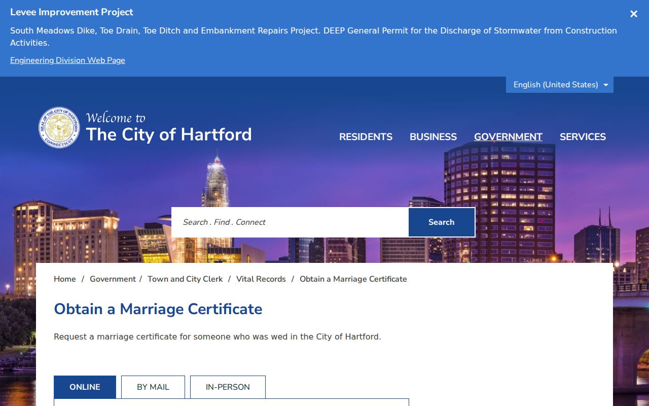 Hartford County marriage records certificate ordering