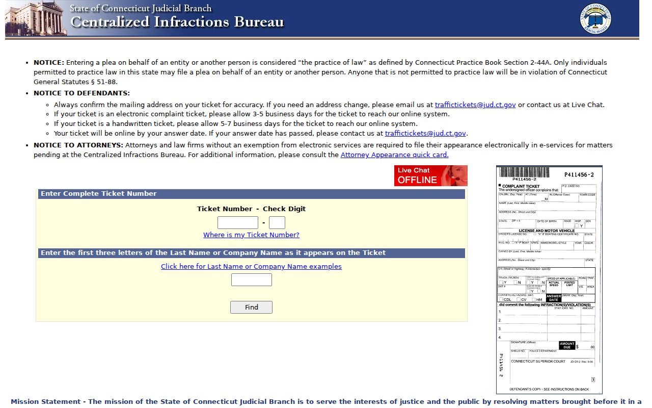 Hartford County traffic court records CT online infraction ticket processing system
